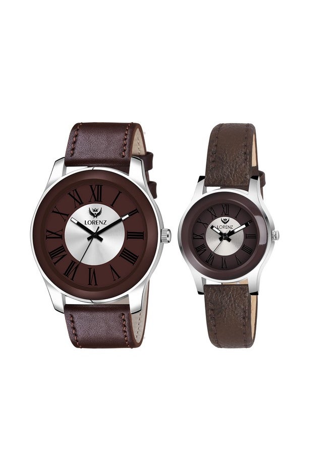 Lorenz LORENZ Leather Combo Of Two Tone Dial Analog Couple Watch For Men & Women Am-12A,Band Color-Brown  - Image 1