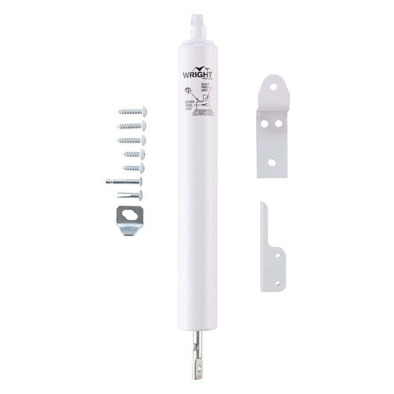 Wright Products Light Duty Screen Door Closer with Head Jamb Bracket Pneumatic Door Closer Adjustable Closing Speed and HoldOpen Washer Transitional White