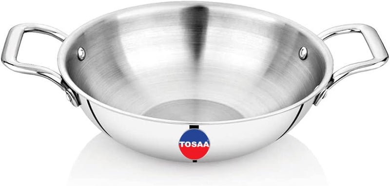 Tosaa Triply Stainless Steel 22 cm Kadai/Indian Wok|Even Heat Distribution| Consumes Less Oil|Easy to Clean|Gas Stove Compatible - 1600 ml - Image 1