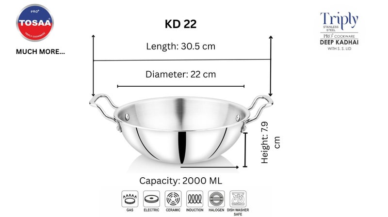 Tosaa Triply Stainless Steel 22 cm Kadai/Indian Wok|Even Heat Distribution| Consumes Less Oil|Easy to Clean|Gas Stove Compatible - 1600 ml - Image 3