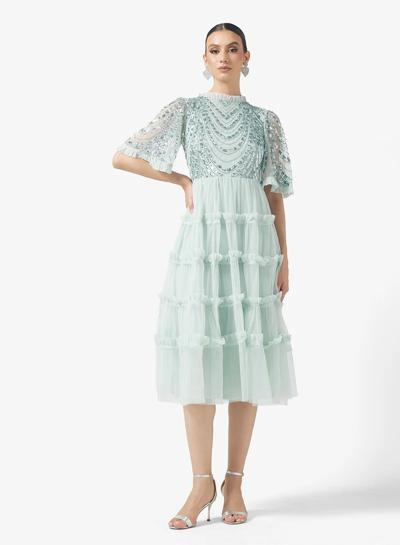 Amelia Rose Ruffle Detailed Embellished Midi Dress