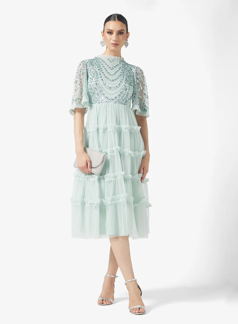 Amelia Rose Ruffle Detailed Embellished Midi Dress