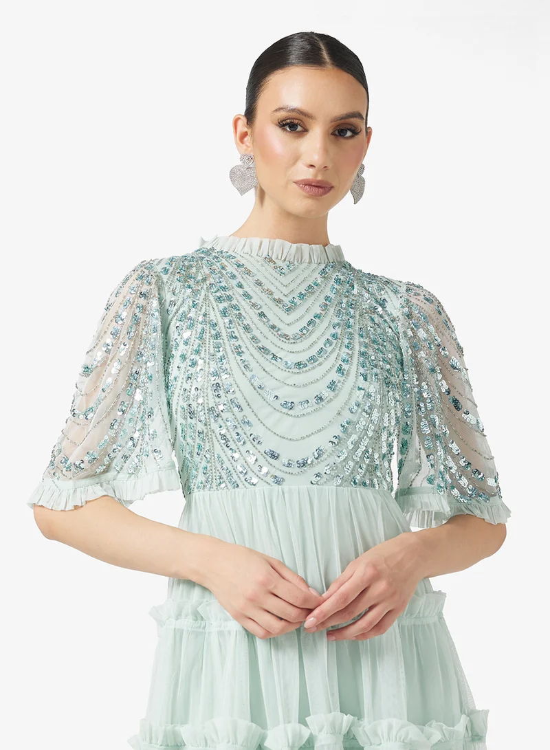 Amelia Rose Ruffle Detailed Embellished Midi Dress