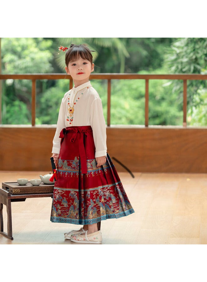 Cute Menghu Jiangshan Boys And Girls Hanfu Spring And Autumn Tang Suit Chinese Style Horse-Face Skirt, Red Horse-Face Skirt, 150 - Image 1