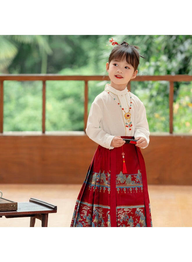 Cute Menghu Jiangshan Boys And Girls Hanfu Spring And Autumn Tang Suit Chinese Style Horse-Face Skirt, Red Horse-Face Skirt, 150 - Image 2