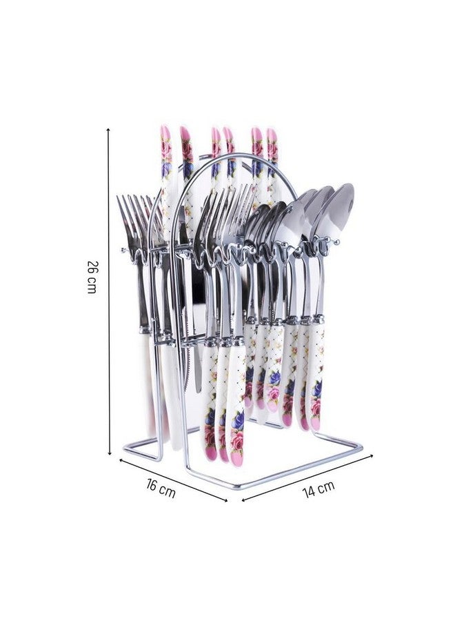 MGeezz Stainless Steel Spoons, Forks & Knives Set of 24 with Stand and Ceramic Handle (Floral Pink) - Image 2