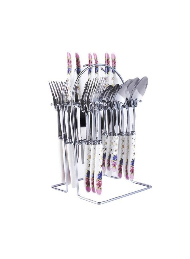 MGeezz Stainless Steel Spoons, Forks & Knives Set of 24 with Stand and Ceramic Handle (Floral Pink) - Image 1