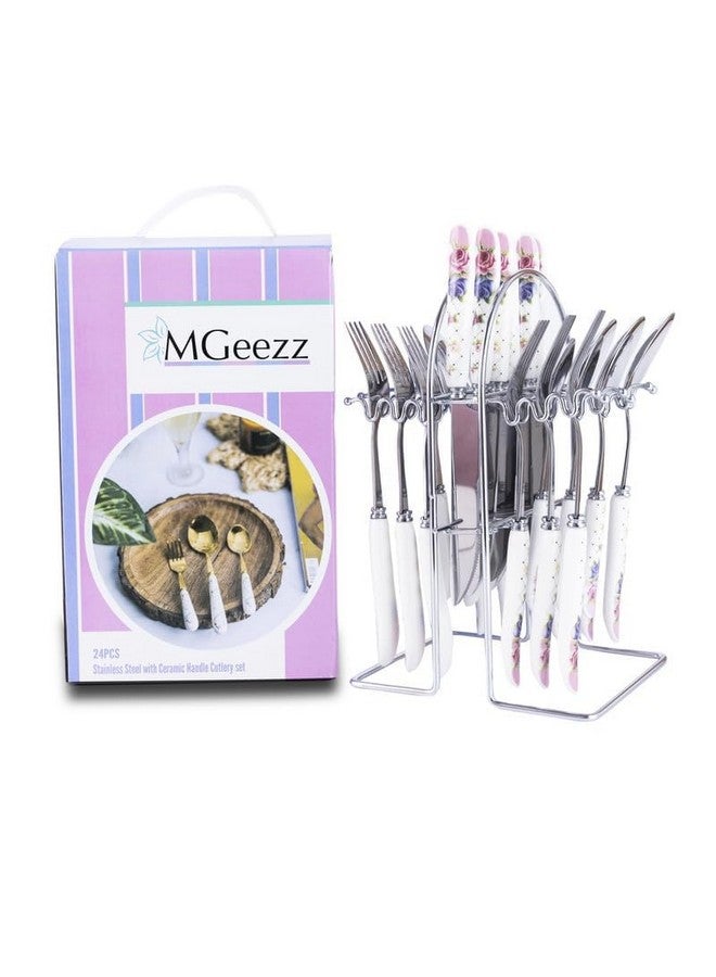 MGeezz Stainless Steel Spoons, Forks & Knives Set of 24 with Stand and Ceramic Handle (Floral Pink) - Image 3
