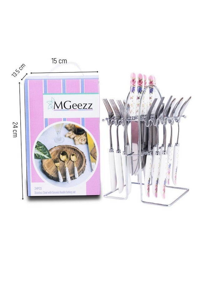 MGeezz Stainless Steel Spoons, Forks & Knives Set of 24 with Stand and Ceramic Handle (Floral Pink) - Image 4
