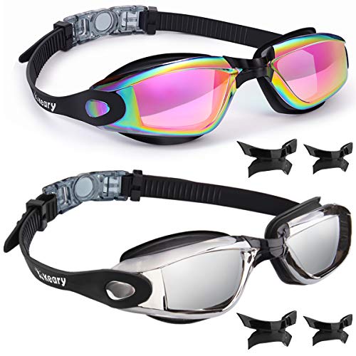 Keary Swim Goggles Pack of 2 Anti-Fog Swimming Goggles for Adults Women Men Youth Junior, No Leaking UV Protection Waterproof Mirrored Lens Triathlon Pool Goggles with 3 Size Nose Pieces & Earplugs - Image 1
