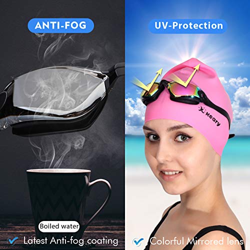 Keary Swim Goggles Pack of 2 Anti-Fog Swimming Goggles for Adults Women Men Youth Junior, No Leaking UV Protection Waterproof Mirrored Lens Triathlon Pool Goggles with 3 Size Nose Pieces & Earplugs - Image 3