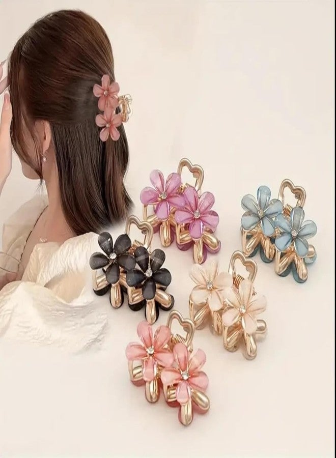 Crystal Flower Hair Clips Set, Pack of 3 Rose Gold Metal with Rhinestone Center, Pink Blue White Black Petals, 4cm Mini Floral Barrettes for Women - Image 2