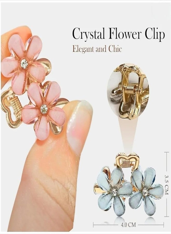 Crystal Flower Hair Clips Set, Pack of 3 Rose Gold Metal with Rhinestone Center, Pink Blue White Black Petals, 4cm Mini Floral Barrettes for Women - Image 3