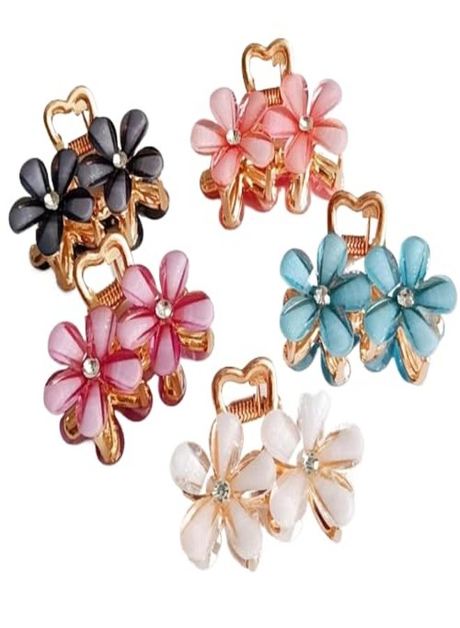 Crystal Flower Hair Clips Set, Pack of 3 Rose Gold Metal with Rhinestone Center, Pink Blue White Black Petals, 4cm Mini Floral Barrettes for Women - Image 1