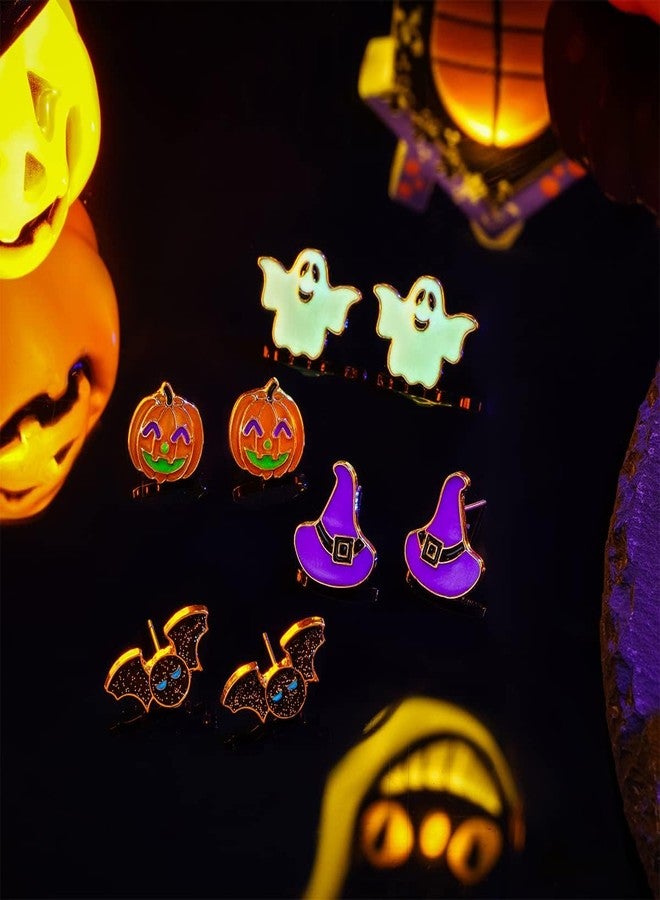 SLOONG 4-Paris Cute Halloween Stud Earrings for Women, Luminous Bat Witch Hat Pumpkin Earrings Set Hallowee Jewelry Accessories Hypoallergenic - Image 5