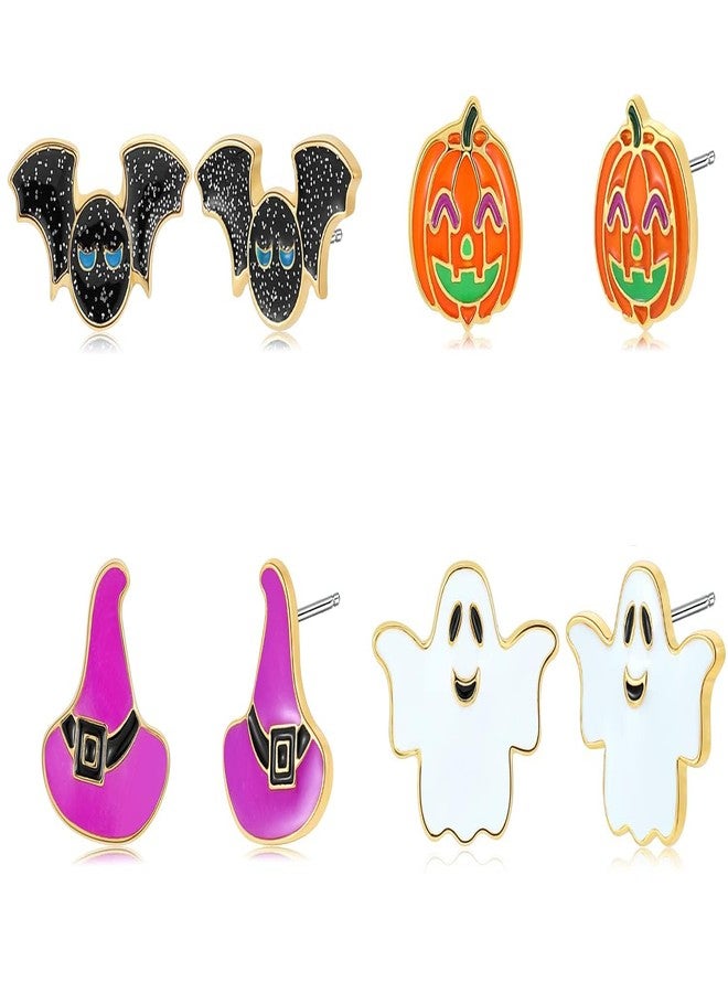 SLOONG 4-Paris Cute Halloween Stud Earrings for Women, Luminous Bat Witch Hat Pumpkin Earrings Set Hallowee Jewelry Accessories Hypoallergenic - Image 1
