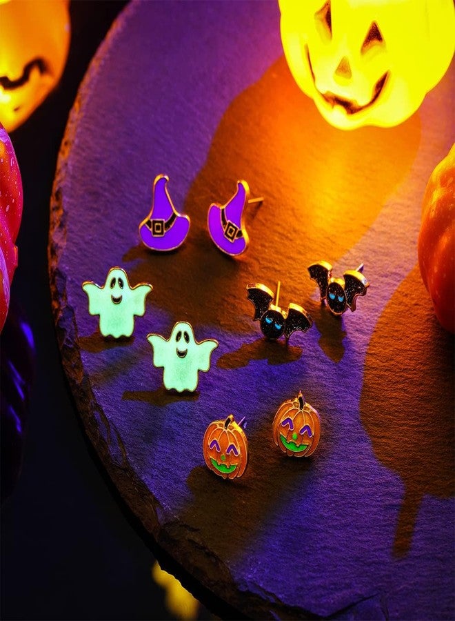 SLOONG 4-Paris Cute Halloween Stud Earrings for Women, Luminous Bat Witch Hat Pumpkin Earrings Set Hallowee Jewelry Accessories Hypoallergenic - Image 4