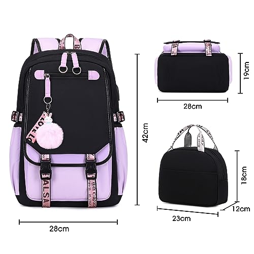 Bevalsa Backpack with Lunch Bag Bookbag Set for Girls Kids Middle High School College Student 21L Casual Daypack Children Schoolbag Bookbag with USB Charging Port (Purple) - Image 2
