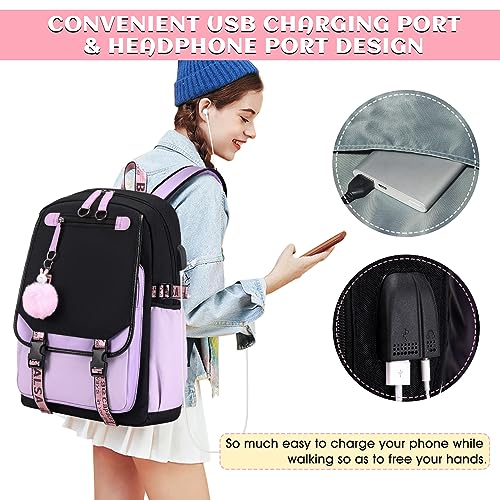 Bevalsa Backpack with Lunch Bag Bookbag Set for Girls Kids Middle High School College Student 21L Casual Daypack Children Schoolbag Bookbag with USB Charging Port (Purple) - Image 3