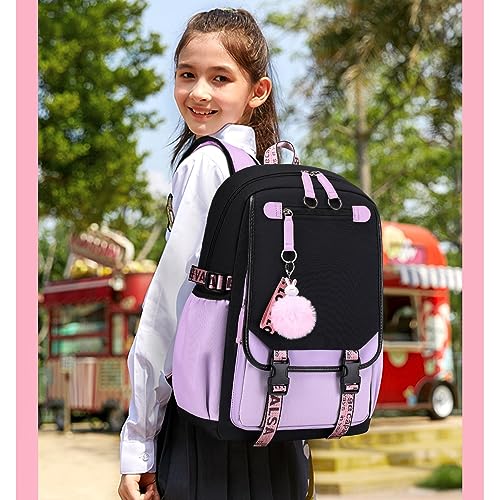 Bevalsa Backpack with Lunch Bag Bookbag Set for Girls Kids Middle High School College Student 21L Casual Daypack Children Schoolbag Bookbag with USB Charging Port (Purple) - Image 5