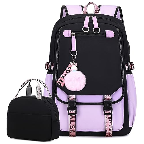 Bevalsa Backpack with Lunch Bag Bookbag Set for Girls Kids Middle High School College Student 21L Casual Daypack Children Schoolbag Bookbag with USB Charging Port (Purple) - Image 1