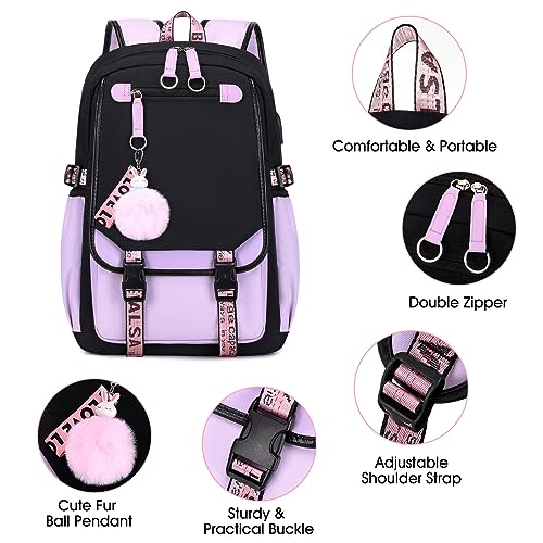Bevalsa Backpack with Lunch Bag Bookbag Set for Girls Kids Middle High School College Student 21L Casual Daypack Children Schoolbag Bookbag with USB Charging Port (Purple) - Image 4