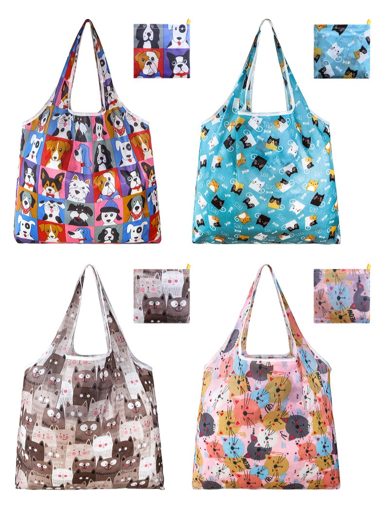 GAUENEEN 4 Pcs Reusable Grocery Bags, Foldable Shopping Bags Heavy Duty, Large Nano Bag Cute Tote Bag for Daily Shopping, Waterproof and Machine Washable (Animals) - Image 1
