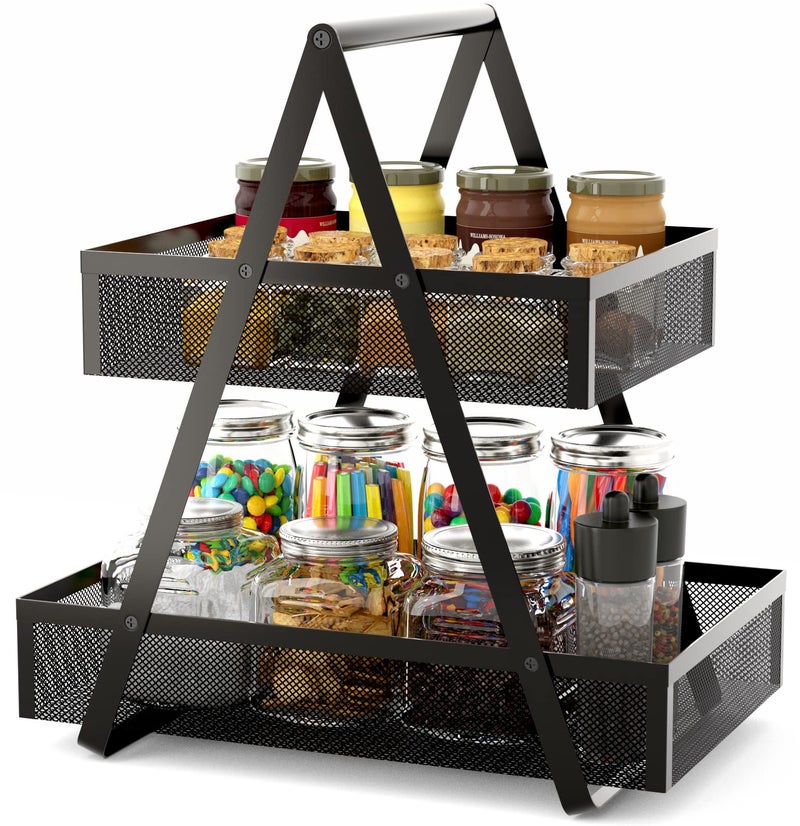 EKNITEY Tiered Snack Organizer Countertop Metal Kitchen Counter Organizer Small Coffee Station Organize for Home Picnic Office Black - Image 2