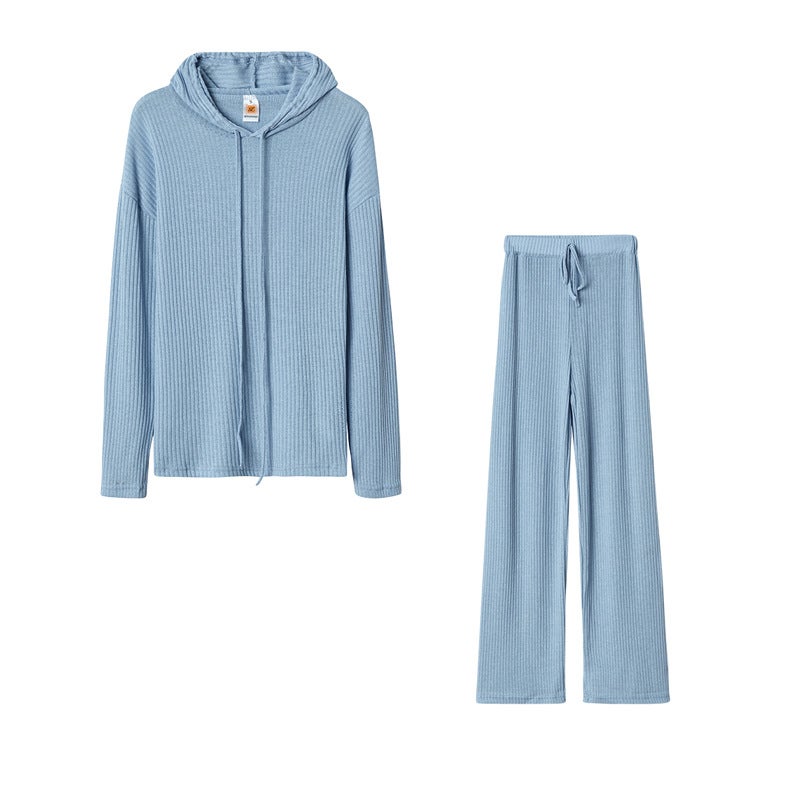 Amazon Cross-border European and American Womens 2021 Spring and Autumn Long Sleeve Loose Hooded Casual Pants Set Sky Blue  - Image 1