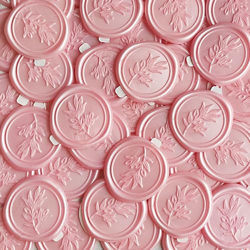 Pilloze 50Pcs Pink Self-Adhesive Wax Seal Stickers - Olive Branch Envelope Seal Stickers Perfect for Wedding Invitation, Envelopes, Wedding Invitation Accessories, Christmas Cards, Gift Wrapping - Image 1