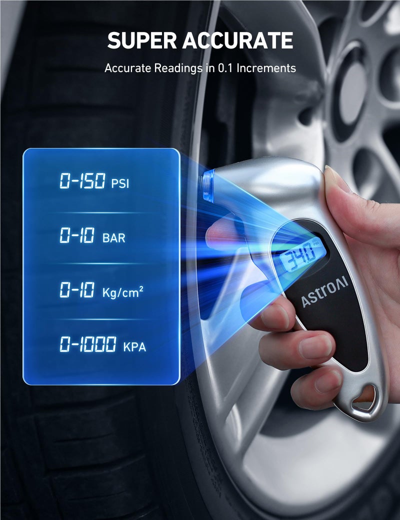 AstroAI Digital Tire Pressure Gauge 0-150PSI, Accurate in 0.1 Increments, Tire Pressure Gauge with Backlit LCD and Presta Valve Adaptor, 4 Units of Measurement for Car Truck Bicycle, Silver - Image 2