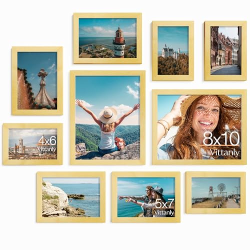 Vittanly Picture Frames Set of 10 Picture Frames Collage Wall Decor with Two 8x10 Four 5x7 and Four 4x6 Photo Frames Gallery Wall Frame Set for Wall or Tabletop Display Gold - Image 1