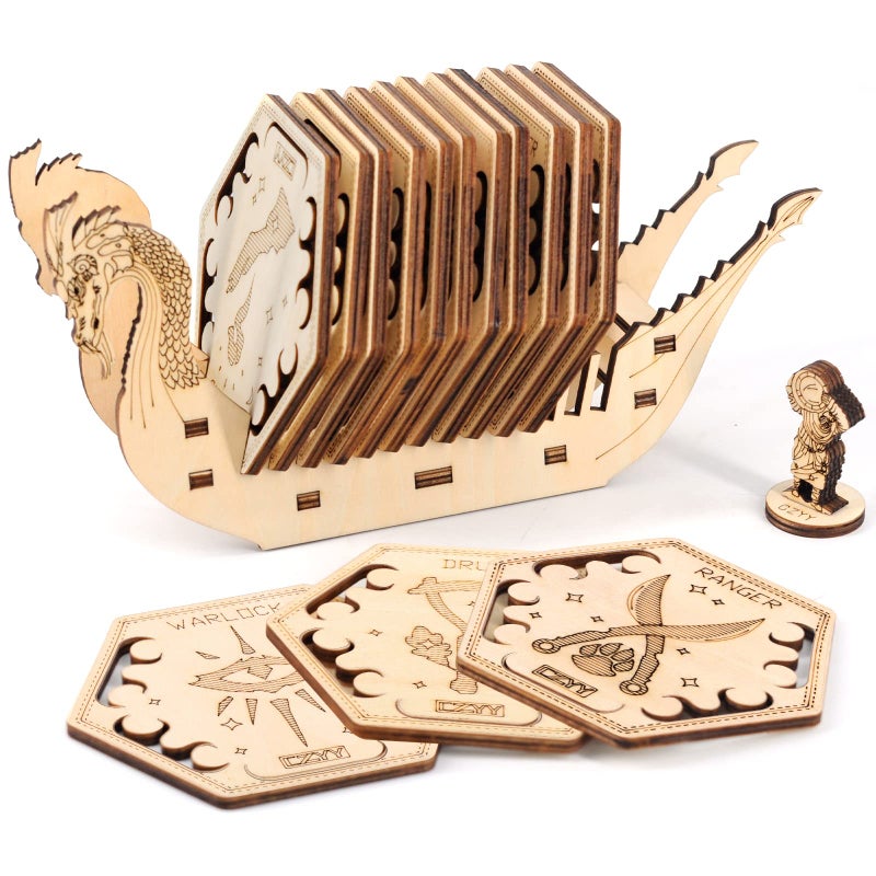 DD Class Coasters Set of 14 with Holder Hexagon Gaming Mug Mats Wooden Laser Engraved DND Classes Icons Gift for Dungeons and Dragons Fans Game Master