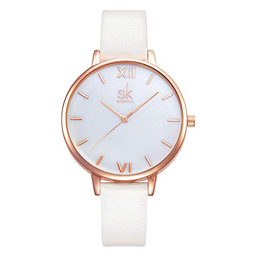 SHENGKE Creative Simplicity Women Watch Genuine Leather Elegant Women Watches Ladies Business Wristwatch(Black) (Rosegold-Natural Shell Dial) - Image 1