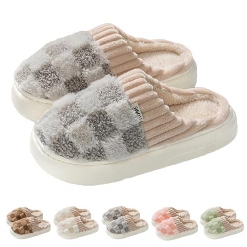 VTTDB Checkered Slipper House Slippers for Women Men Plush Warm Fuzzy Slippers Flyffy Bedroom Shoes Indoor Slip On 859 Women78 MenGreyNumeric RangeMedium859 - Image 1
