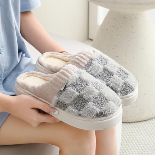 VTTDB Checkered Slipper House Slippers for Women Men Plush Warm Fuzzy Slippers Flyffy Bedroom Shoes Indoor Slip On 859 Women78 MenGreyNumeric RangeMedium859 - Image 3