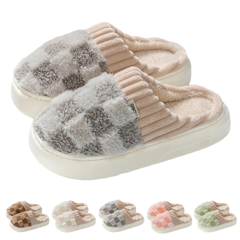 VTTDB Checkered Slipper House Slippers for Women Men Plush Warm Fuzzy Slippers Flyffy Bedroom Shoes Indoor Slip On 859 Women78 MenGreyNumeric RangeMedium859 - Image 2