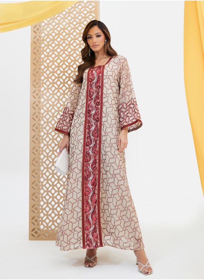 Styli All-Over Embroidered Sequined Jalabyia  - Image 1