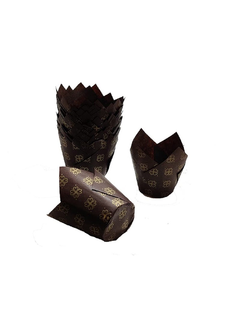 APOLLINE INDIA APOLLINE INDIA 25pcs Tulip Cupcake Liner Baking Cups Brown with Golden Pattern Medium Size for Festivals Parties  - Image 2