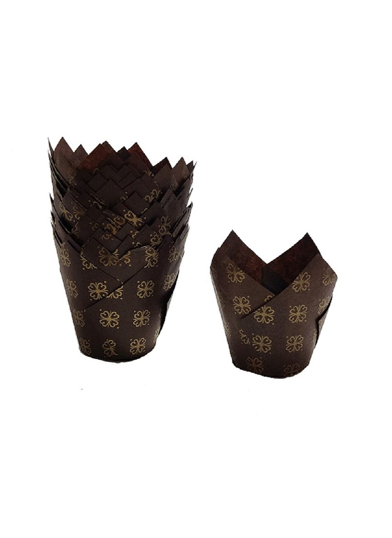 APOLLINE INDIA APOLLINE INDIA 25pcs Tulip Cupcake Liner Baking Cups Brown with Golden Pattern Medium Size for Festivals Parties  - Image 4