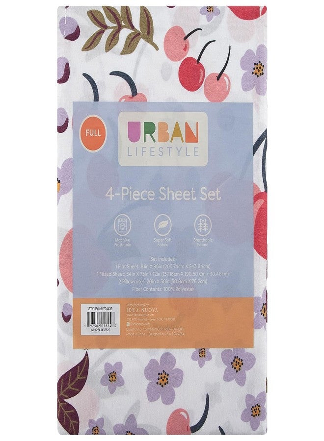 Urban Lifestyle 4 Piece Sheet Set, Including Top Sheet, Fitted Sheet and 2 Pillow Cases, Cherry Print, Full - Image 4