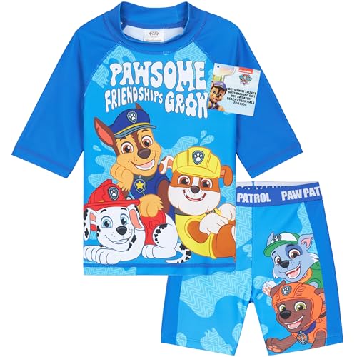 Get Trend Paw Patrol Swimsuit Set for Boys Toddlers Marshall Rubble 2 Pcs Swimming Trunks Boys Rash Guard Beach Trip (5-6 Years, Blue Paw Patrol) - Image 1