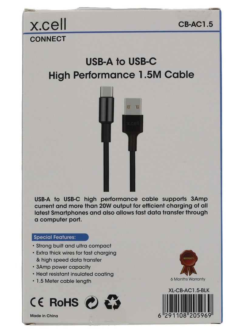 إكس سيل كابل نقل بيانات سريع الشحن من X.CELL USB-A إلى USB-C بقوة 20 وات، 1.5 متر، أسود - Image 2