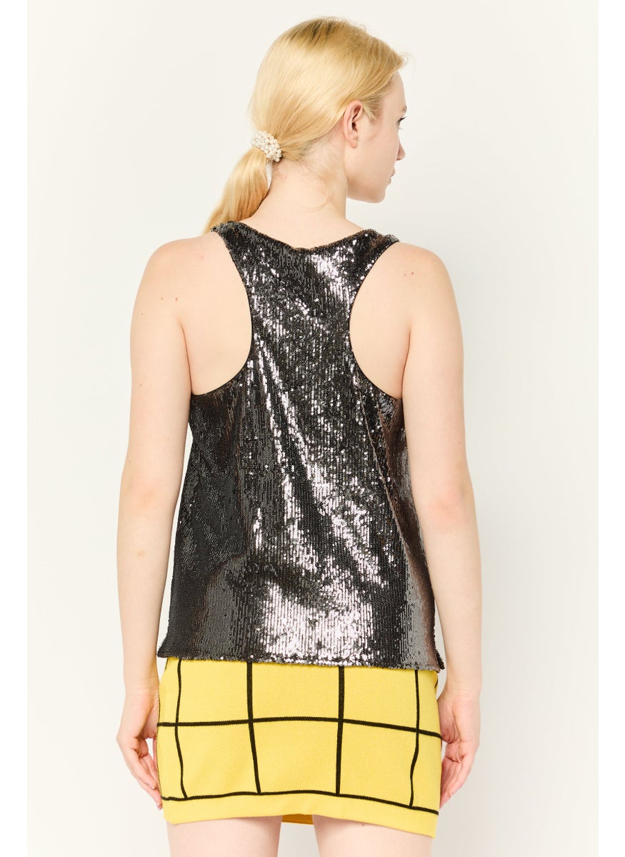 ESPRIT - Women Scoop Neck Sleeveless Sequined Tank Top, Black - Image 1