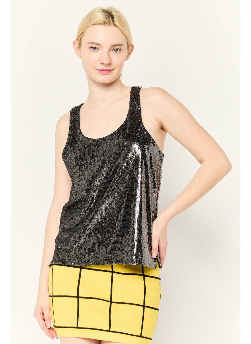 ESPRIT - Women Scoop Neck Sleeveless Sequined Tank Top, Black - Image 1