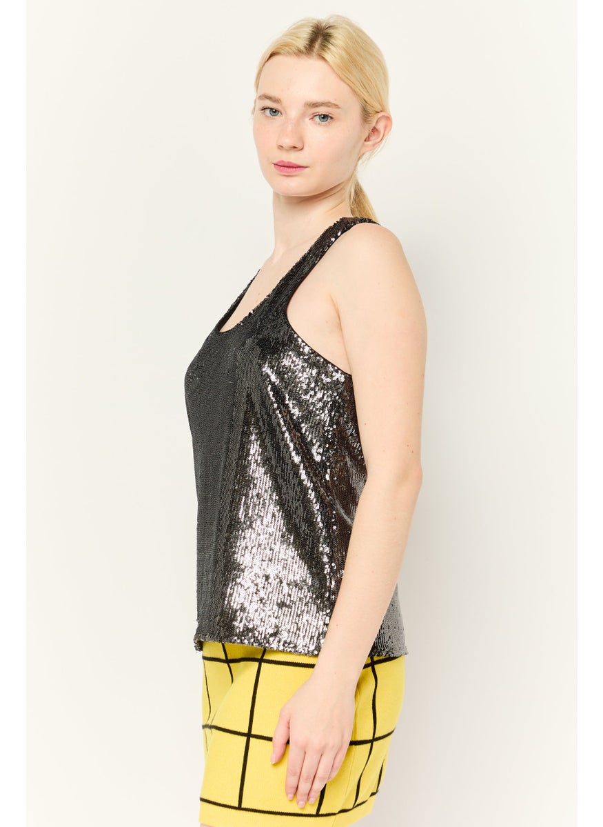 ESPRIT - Women Scoop Neck Sleeveless Sequined Tank Top, Black - Image 1