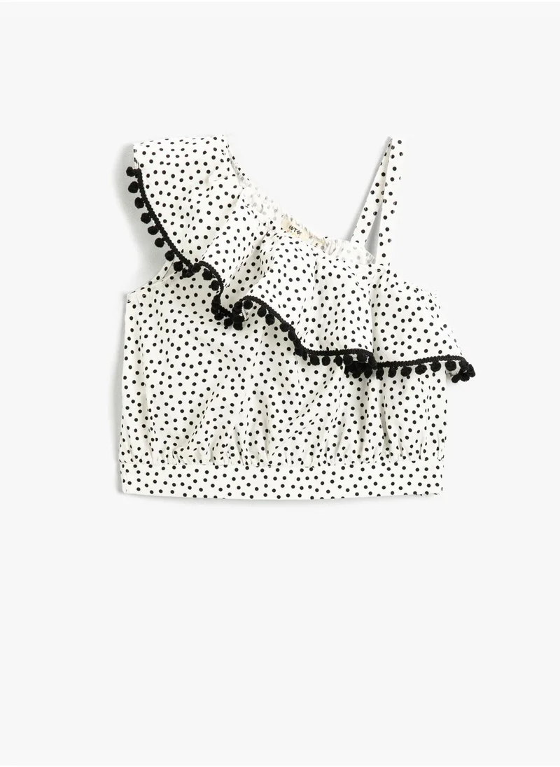 KOTON One-Shoulder Frilly Crop Polka Dot Blouse Cotton