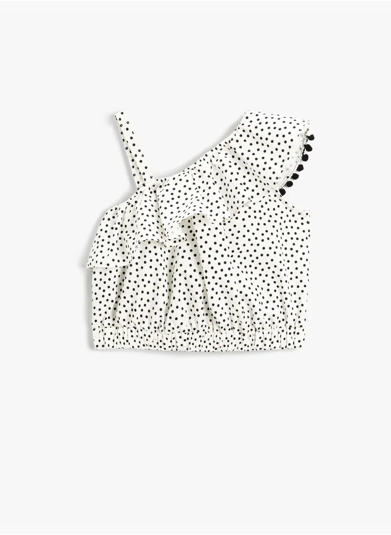 KOTON One-Shoulder Frilly Crop Polka Dot Blouse Cotton