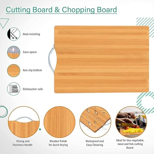 FOMQUAZLI Wooden Bamboo Chopping Cutting Board with Steel Handle Fruits, Vegetables, Fish, Chicken & Meat Cutting Pad for Kitchen Non-Slip Antibacterial Chopping Board (30 * 20 SH) - Image 5
