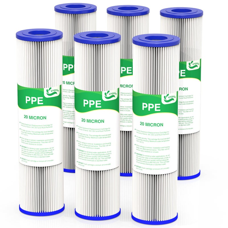 VEGEBE 20 Micron Water Filter 10" x 2.5", 10-inch Whole House Sediment Pre-Filters for Well & Tap water, Replacement Cartridge for FXWPC, EQ-PFC35, ECP5-10, S1, 3WH-STDPL-F02, SPC-25-1005, 6-Pack - Image 1